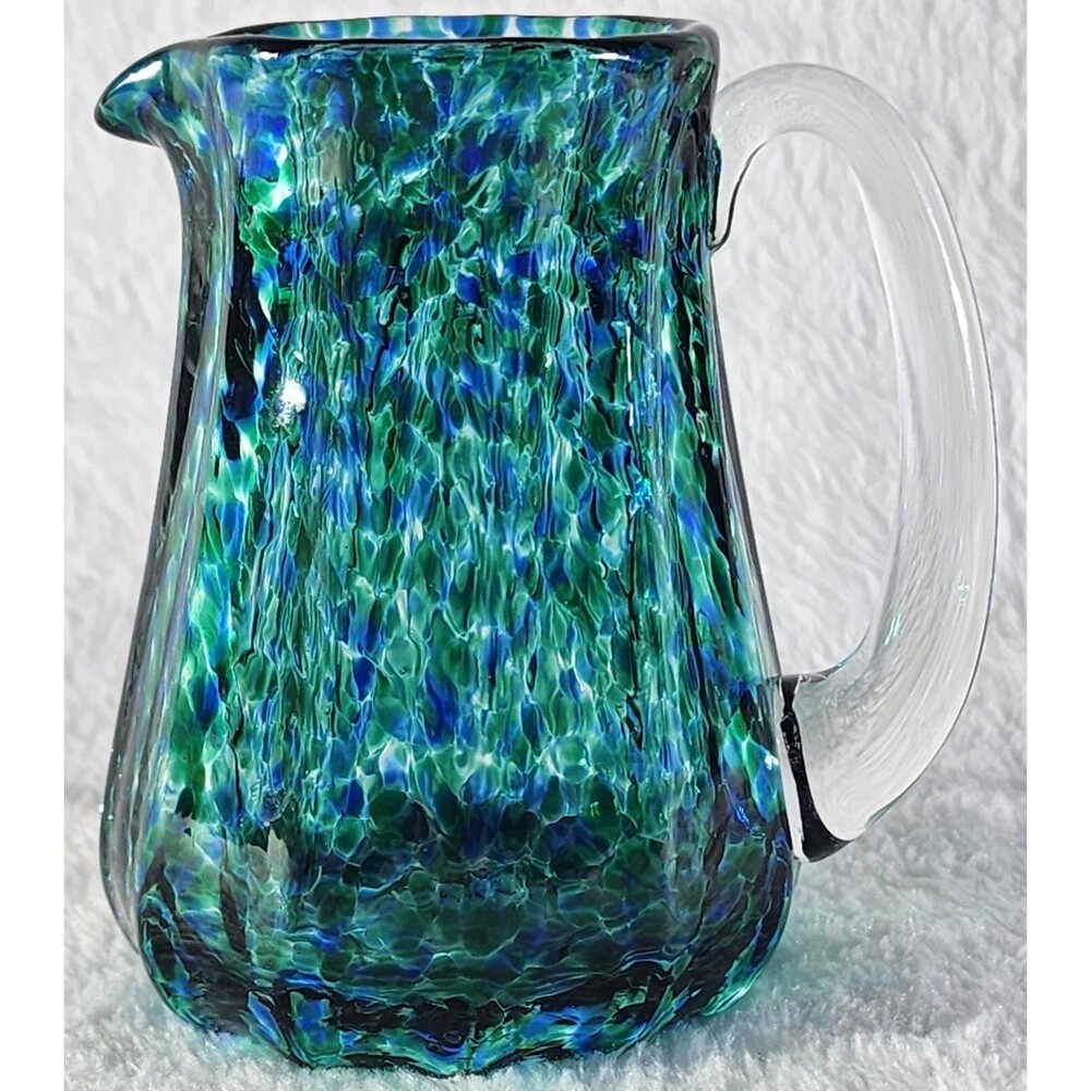 Teign Valley TVG England Hand Blown Art Glass Mini Pitcher - Clear, Blues Greens
